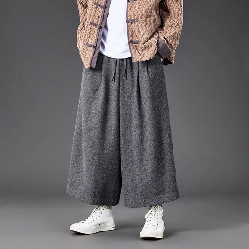 Buddha Stones Winter Chinese Frog-Button Design Corduroy Thermal Men's Wide Leg Pants With Pockets