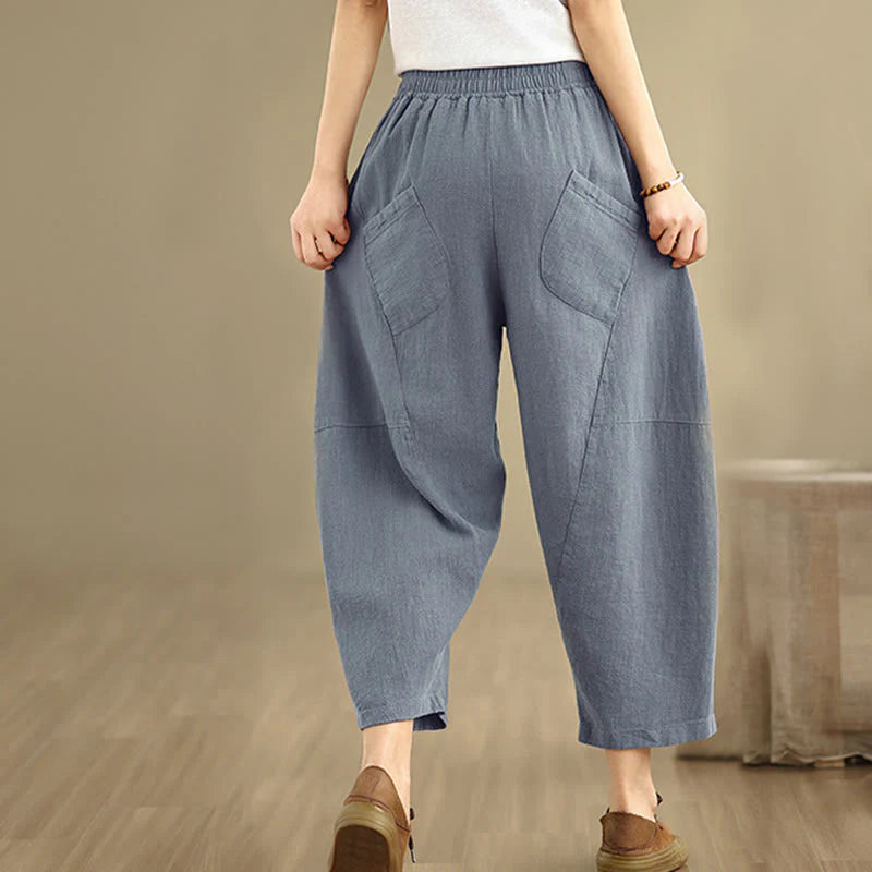 Buddha Stones Spring 7-8 Length Solid Color Women's Cotton Linen Harem Pants With Pockets