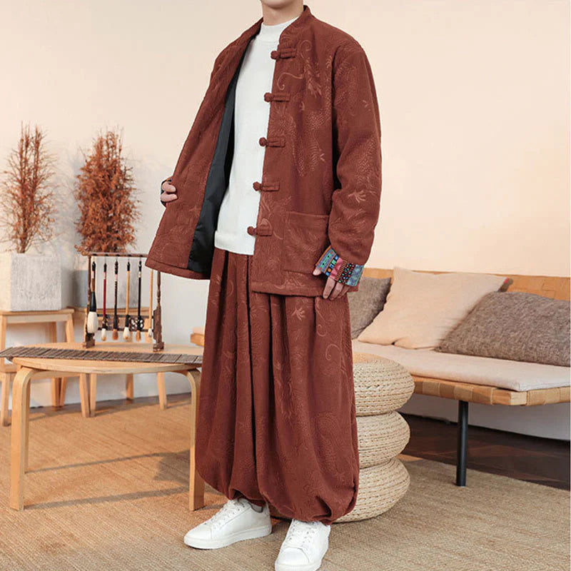 Buddha Stones 2Pcs Fall Winter Men's Tang Suit Dragon Frog-Button Cotton Long Sleeve Jacket Pants Set