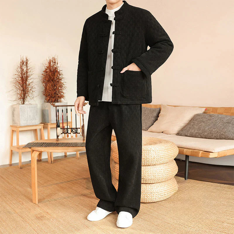 Buddha Stones 2Pcs Winter Solid Men's Tang Suit Frog-Button Cotton Long Sleeve Jacket Pants Set With Pockets