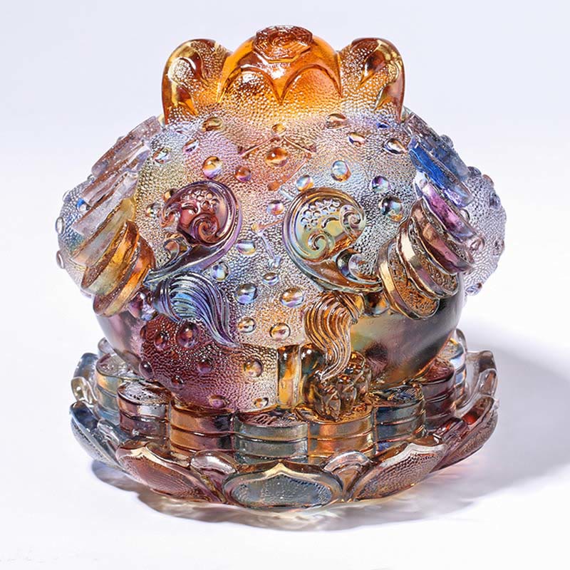 Buddha Stones Feng Shui Frog Coins Handmade Liuli Crystal Art Piece Wealth Home Office Decoration