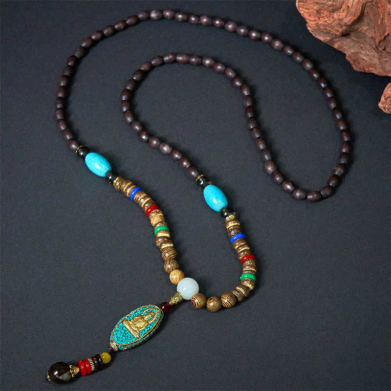 Buddha Stones Vintage Nepal Avalokitesvara Harmony Coconut Shell Beads Pendant Necklace