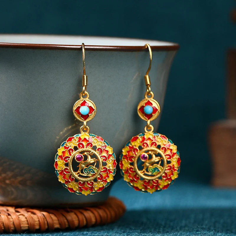 Buddha Stones 24K Gold Plated Dunhuang Color Elk Copper Balance Drop Earrings