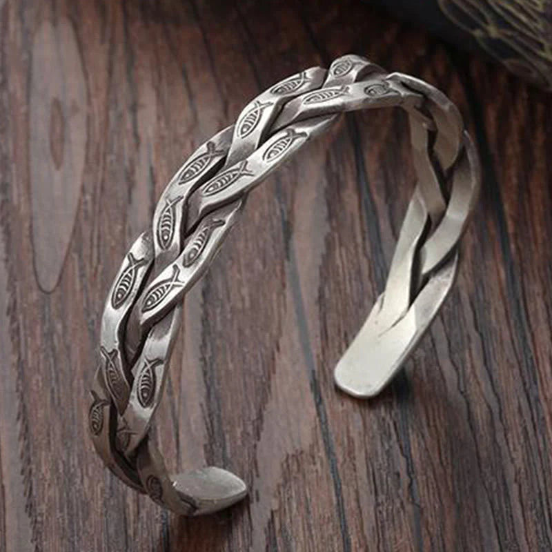 Buddha Stones Koi Fish Twisted Design Luck Wealth Cuff Bracelet Bangle