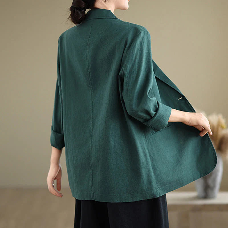 Buddha Stones Spring Solid Color Long Sleeve Cotton Linen Women's Jacket With Pockets