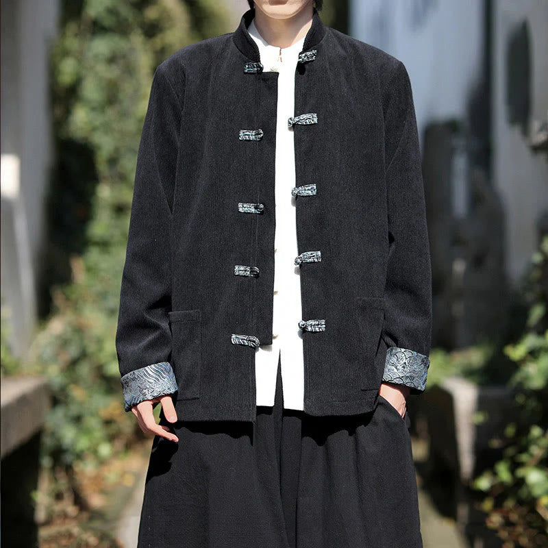 Buddha Stones Spring Jacquard Frog-Button Men's Cotton Corduroy Long Sleeve Jacket With Pockets