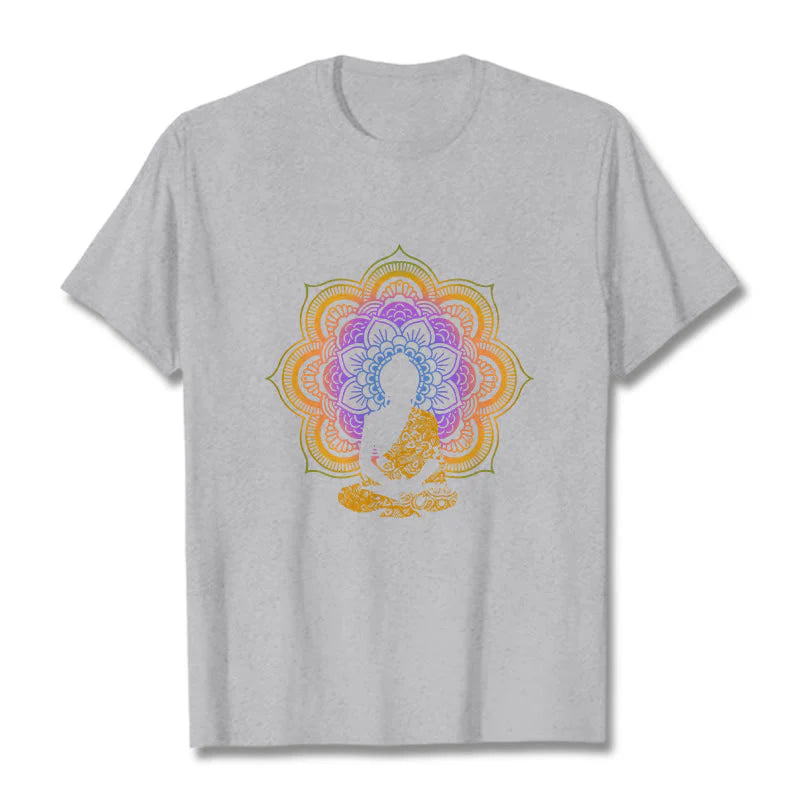 Buddha Stones Multicolor Mandala Flower Seated Buddha Pattern Tee T-shirt
