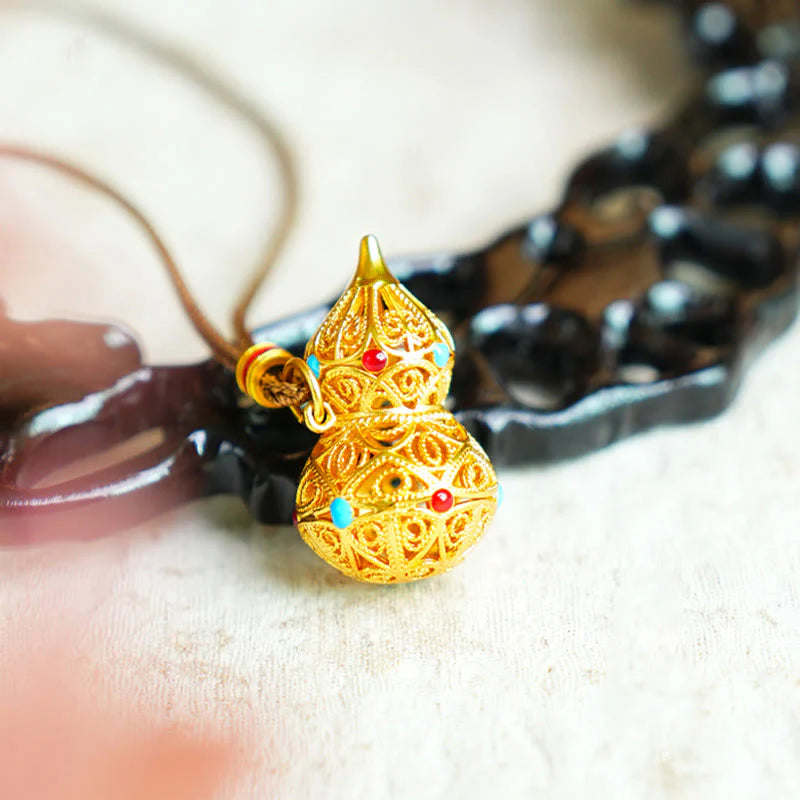 Buddha Stones Hollow Gourd Design 24k Gold Plated Brass Rope Necklace Pendant