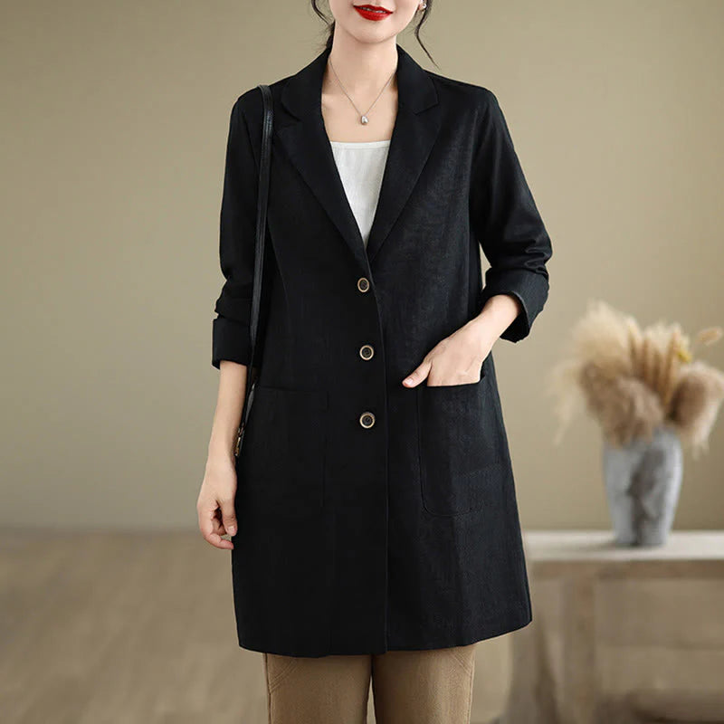 Buddha Stones Casual Fall Buttons Design Lapel Women's Cotton Linen Coat With Pockets