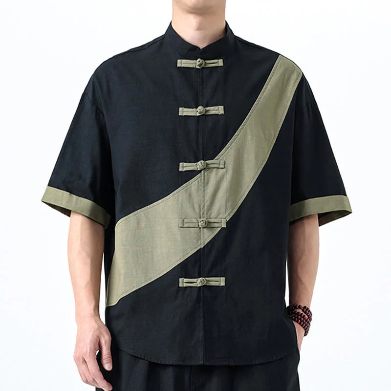 Buddha Stones Spring Color Contrast Chinese Frog-Button Design Men's Half Sleeve Cotton Linen Shirt