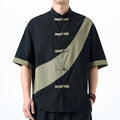 Buddha Stones Spring Color Contrast Chinese Frog-Button Design Men's Half Sleeve Cotton Linen Shirt
