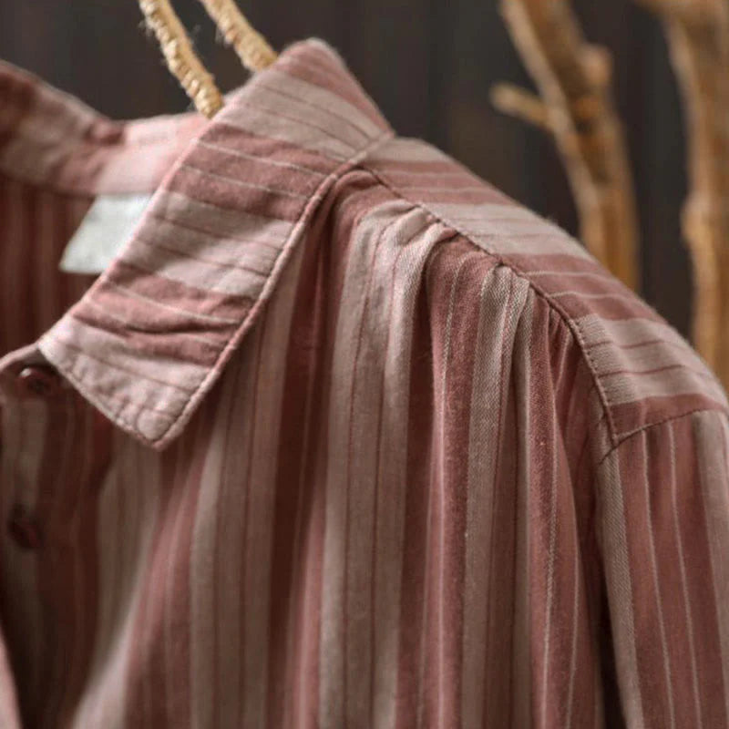 Buddha Stones Fall Vertical Stripes Button Down Stand Collar Long Sleeve Women's Cotton Shirt