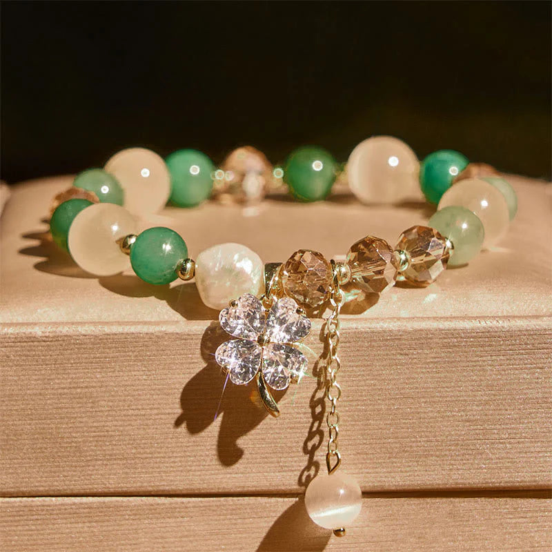 Buddha Stones Four Leaf Clover Amethyst Citrine Green Strawberry Quartz Rutilated Quartz Balance Bracelet