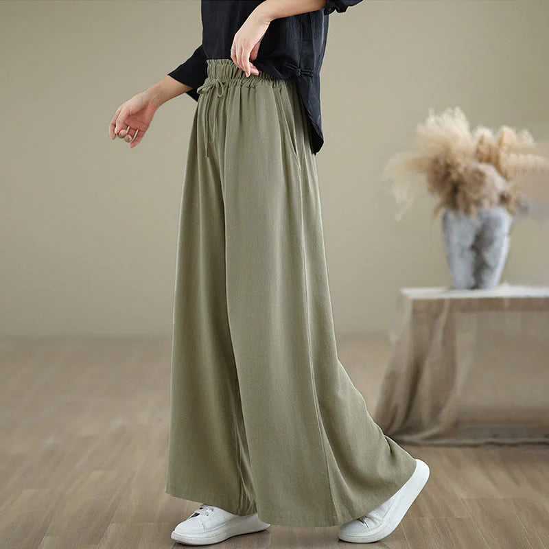 Buddha Stones Women's Pure Color Drawstring Cotton Linen Wide Leg Ankle-Length Pants With Pockets