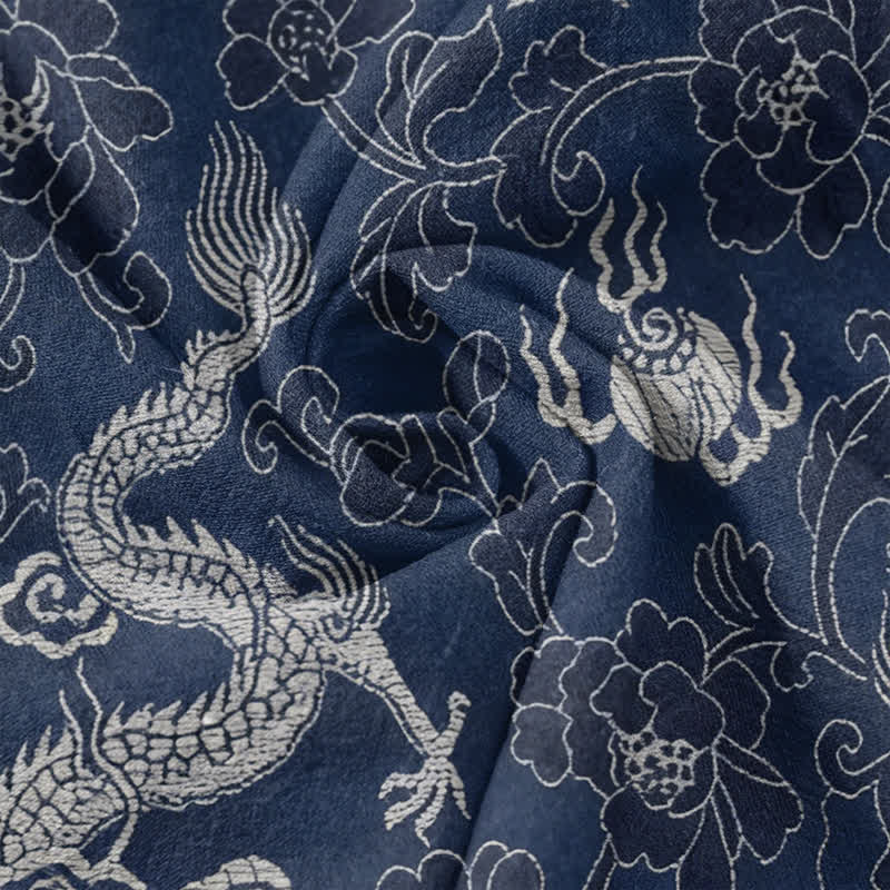 Buddha Stones Cotton Dragon Lotus Pattern Men's Short Sleeve Half Button Shirt