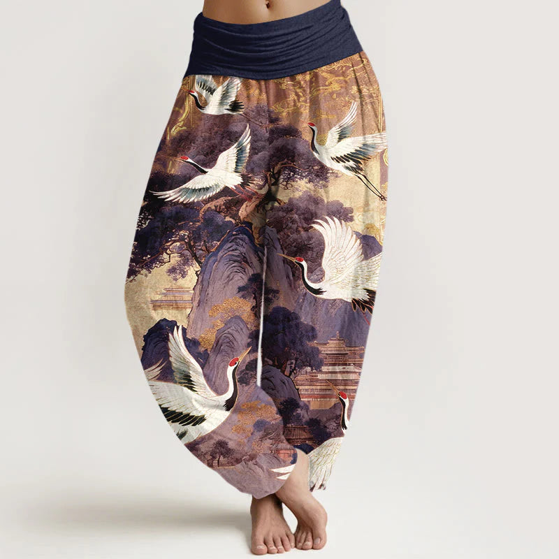 Buddha Stones Pure Cotton Gorgeous Crane Mountain Pine Tree Pattern Women's Elastic Waist Harem Pants