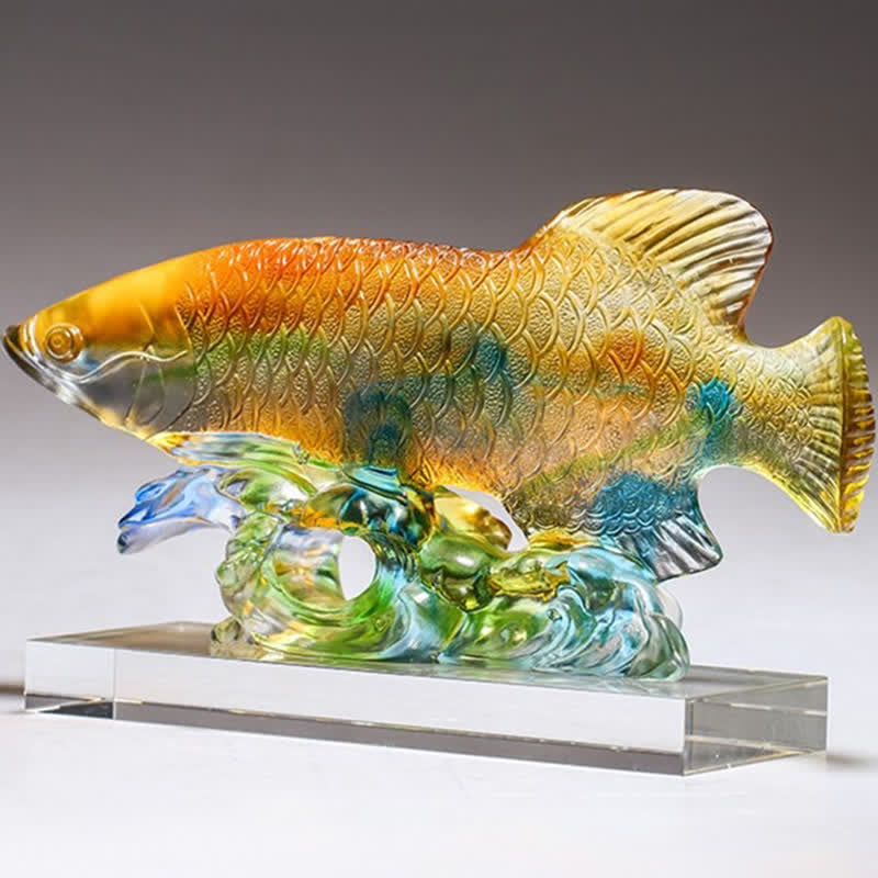 Buddha Stones Handmade Liuli Crystal Koi Fish Art Piece Luck Home Office Decoration