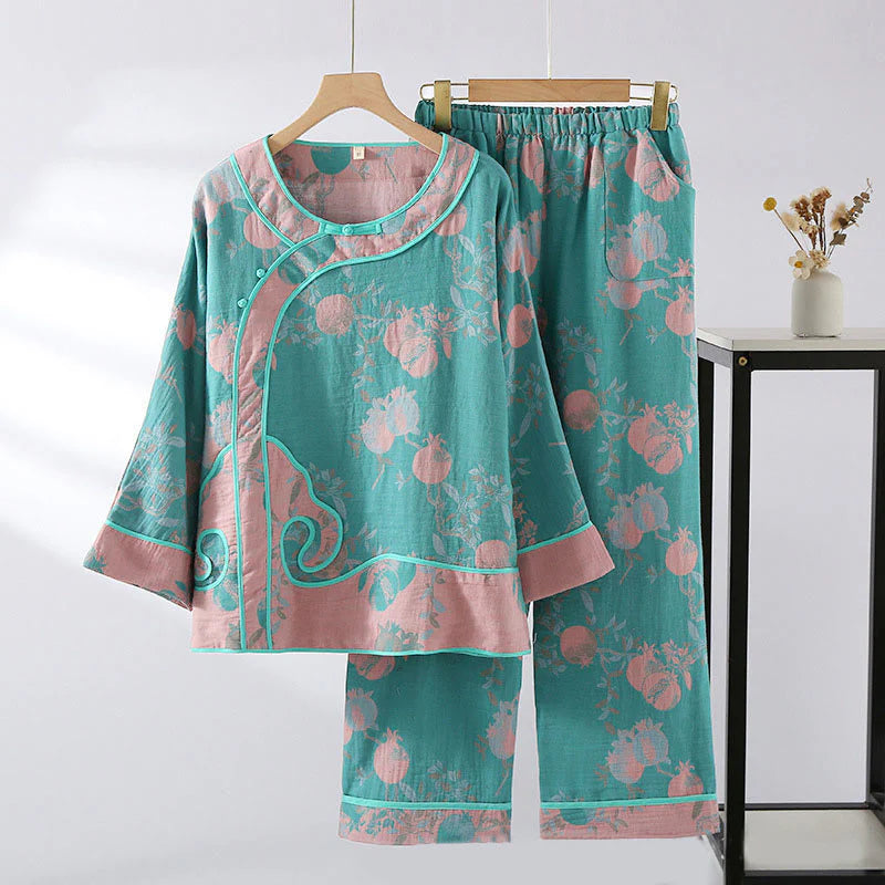 Buddha Stones 2pcs Patchwork Long Sleeve Frog-Button Shirt Pants With Pockets Pure Cotton Set
