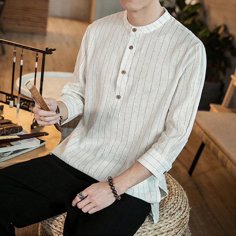 Buddha Stones Plaid Half Buttons Stand Collar Three Quarter Sleeve Cotton Men's Shirt