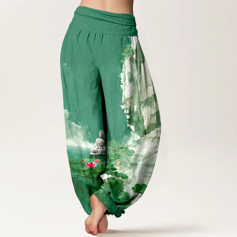 Buddha Stones Cotton Lotus Flower Leaf Rocks Water Surface Cloud Buddha Pattern Women's Elastic Waist Harem Pants