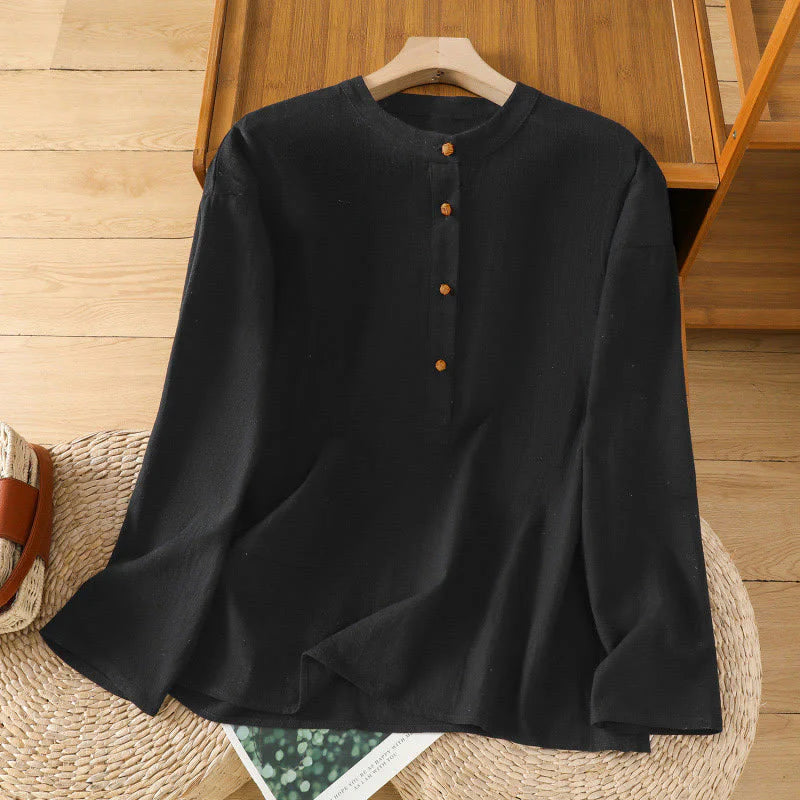 Buddha Stones Summer Casual Pure Color Half Button Simple Design Women's Cotton Linen Half Sleeve Shirt With Pocket
