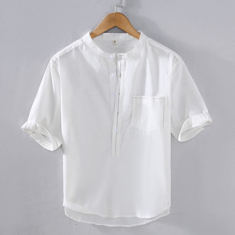 Buddha Stones Spring Pure Color Half Buttons Design Stand Collar Men's Short Sleeve Linen Shirt With Pocket