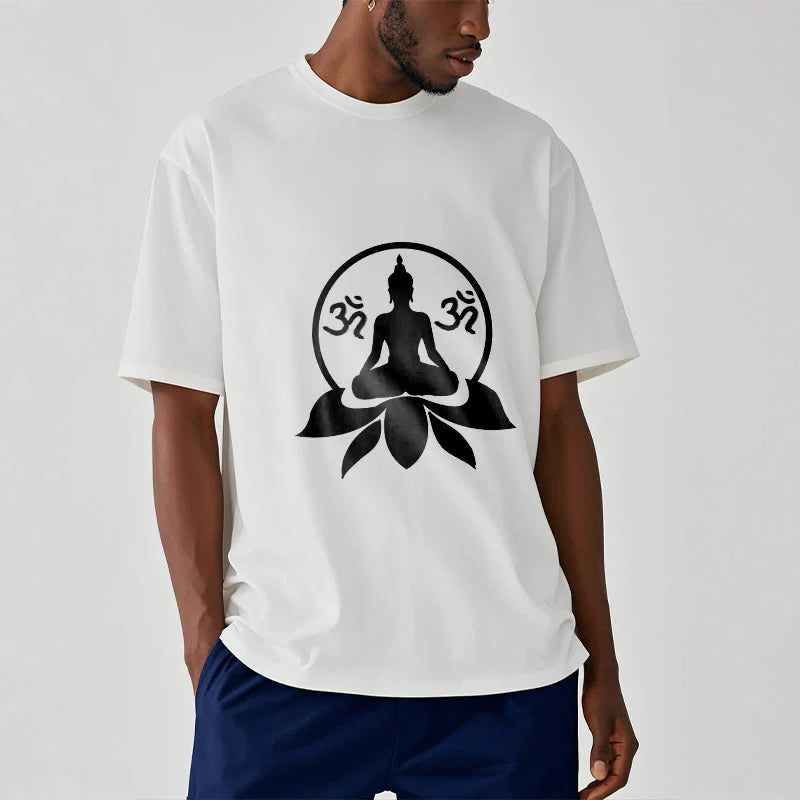 Buddha Stones OM Symbol Sanskrit Mantras Buddha Seated On Lotus Flower Design Tee T-shirt