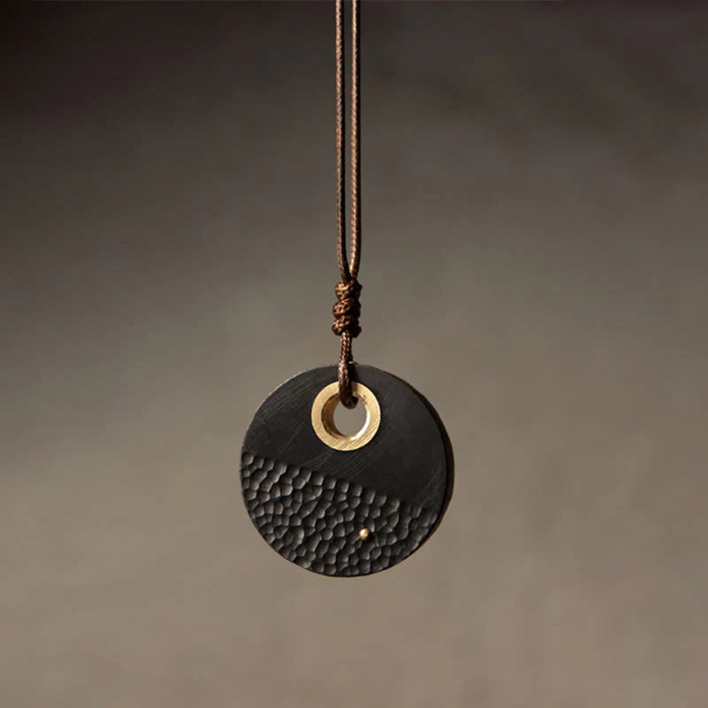 Buddha Stones Handcrafted Round Ebony Wood Brass Copper Peace Necklace Pendant
