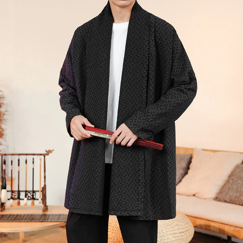 Buddha Stones Winter Jacquard Simple Design Men's Cotton Long Sleeve Kimono