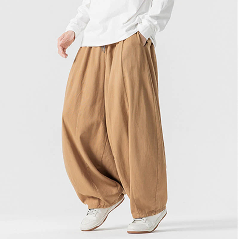 Buddha Stones Winter Commute Plain Drawstring Design Men's Wide Leg Cotton Pants With Pockets