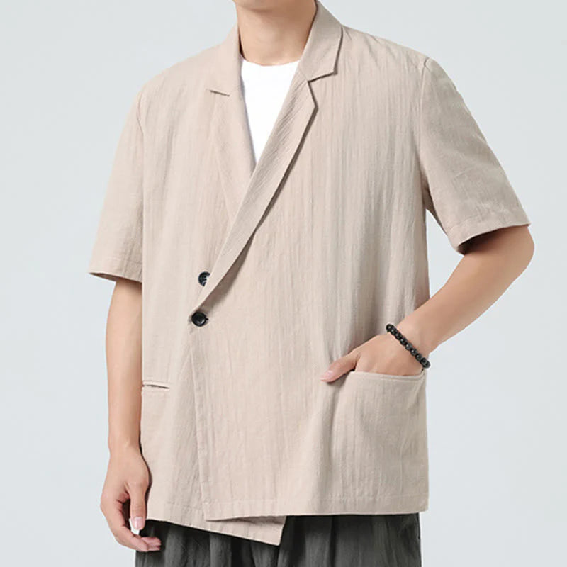 Buddha Stones Spring Plain Asymmetrical Lapel Collar Short Sleeve Men's Cotton Linen Shirt With Pockets