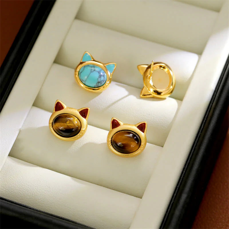 FREE Today: Protection and Courage Turquoise Tiger Eye Cat Head Design Copper Stud Earrings