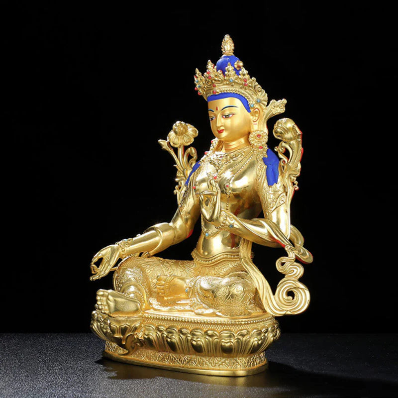 Buddha Stones Bodhisattva Green Tara Protection Copper Gold Plated Statue Decoration
