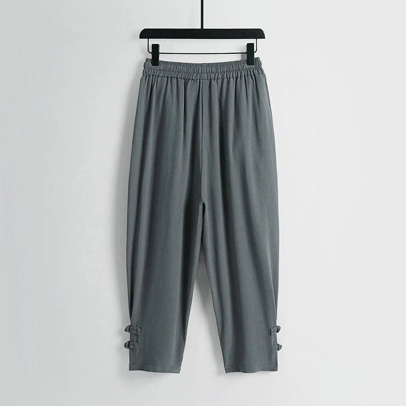 Buddha Stones Summer Drawstring Elastic Waist Frog-Button Ankle-Length Men's Cotton Linen Pants With Pockets