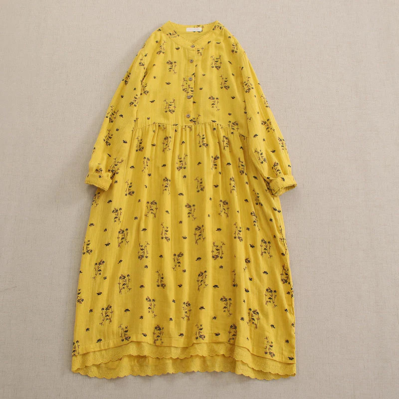 Buddha Stones Spring Small Floral Print Buttons Design Crew Neck Long Sleeve Midi Dress With Pockets