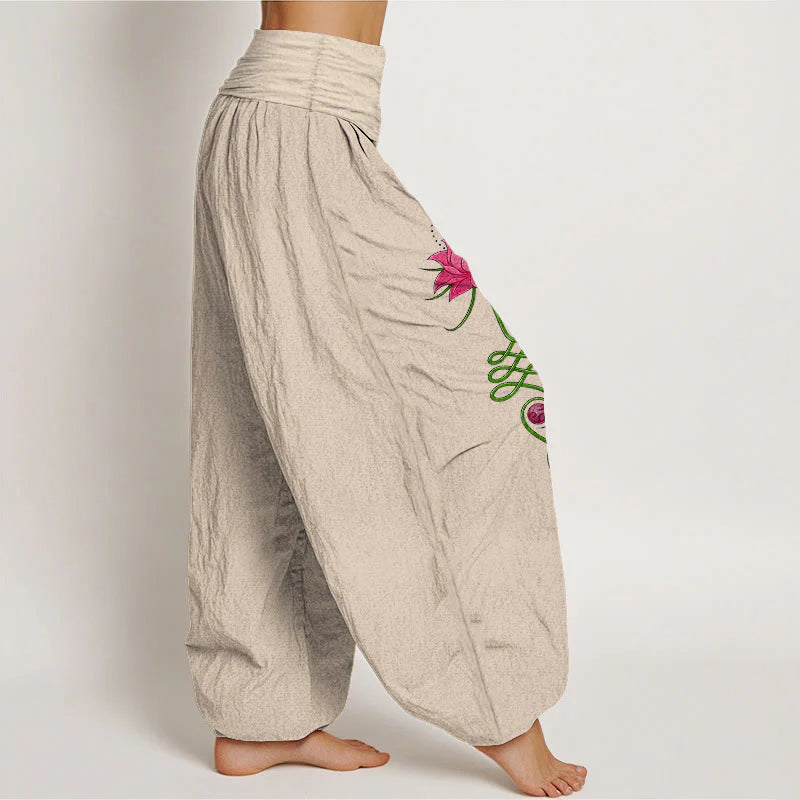 Buddha Stones Pure Cotton Strong Color Contrast Lotus Flower Pattern Women's Elastic Waist Harem Pants
