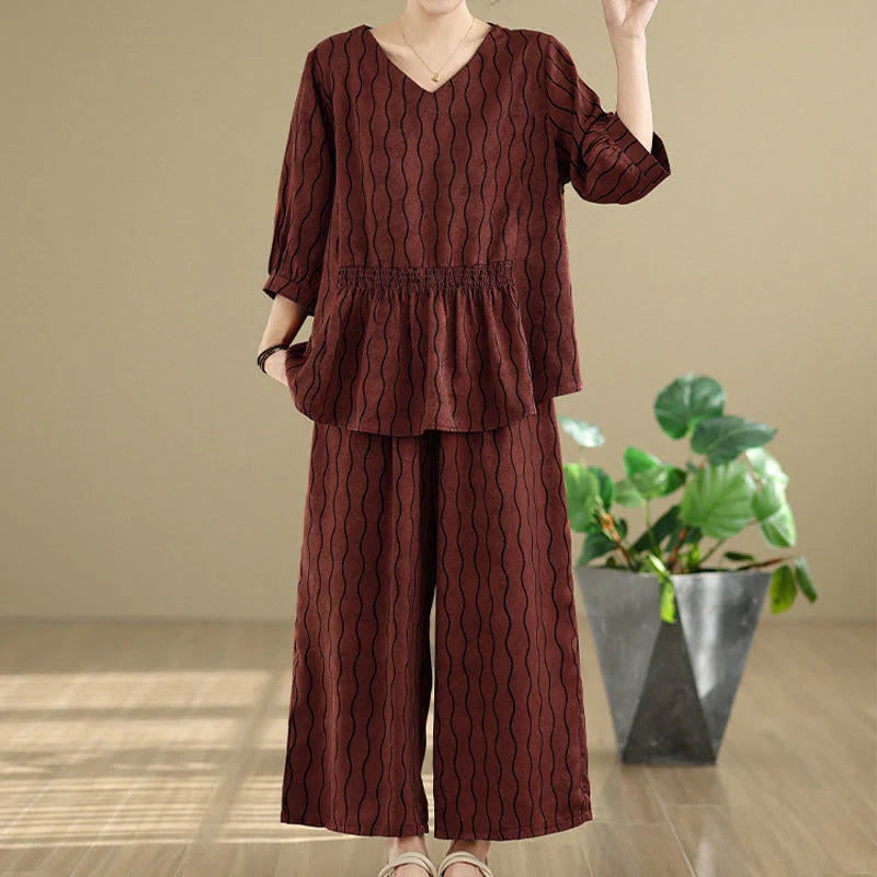 Buddha Stones 2pcs Striped Pattern Short Sleeve Shirt Polyester 7 Length Harem Pants Set With Pocket