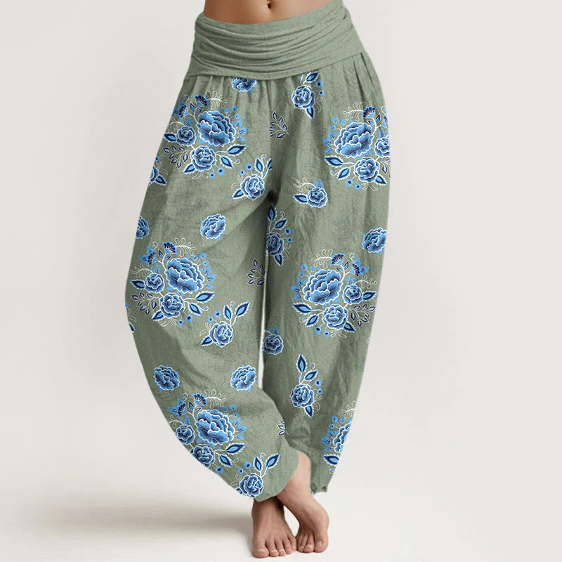 Buddha Stones Pure Cotton Blue Flower Pattern Women's Elastic Waist Harem Pants
