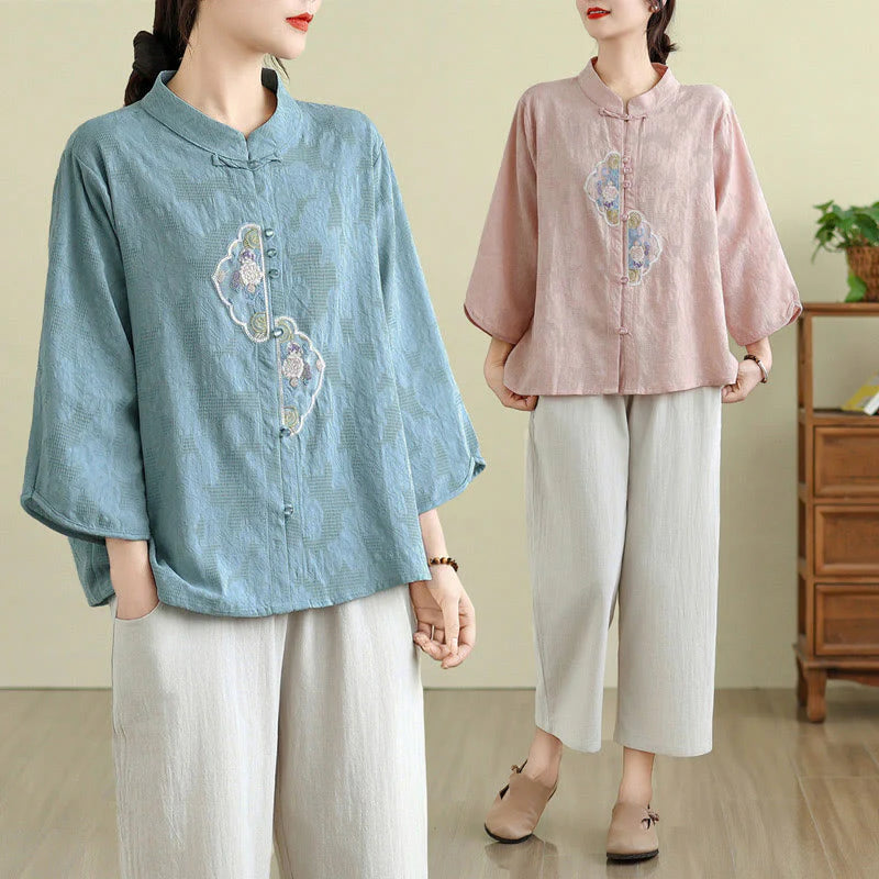 Buddha Stones Flower Embroidery Jacquard Three Quarter Sleeve Frog-Button Cotton Women's Shirt