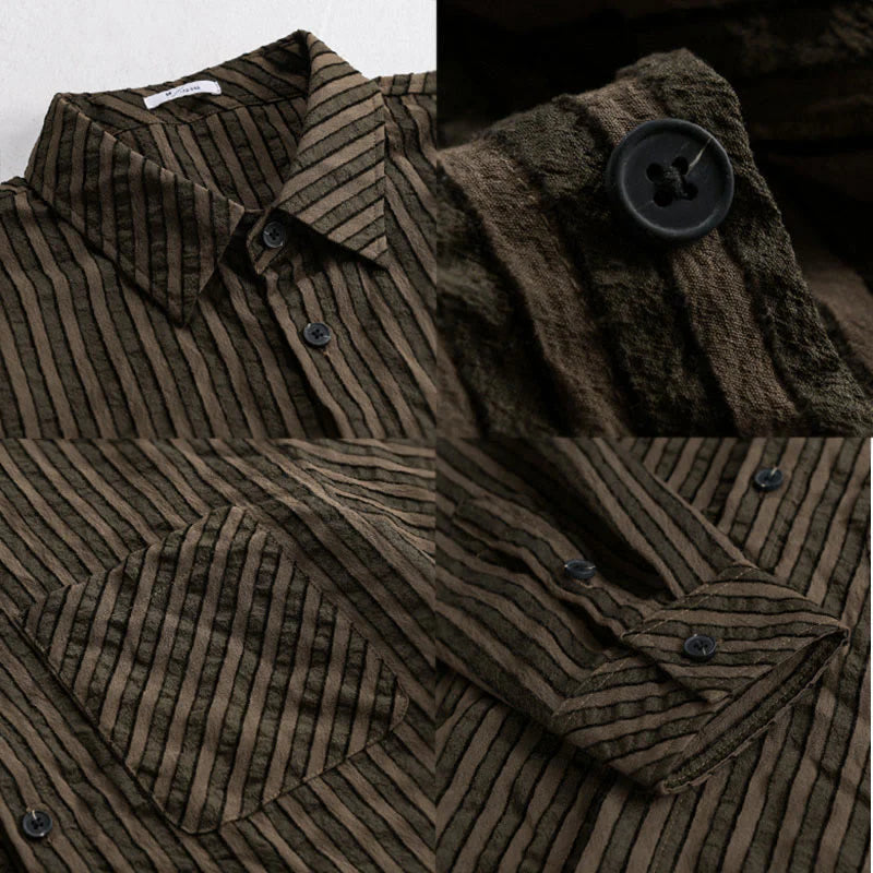 Buddha Stones Vintage Striped Buttons Down Stand Collar Long Sleeve Men's Cotton Shirt