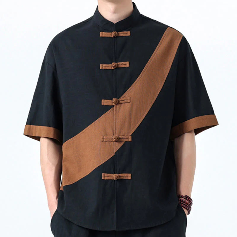 Buddha Stones Spring Color Contrast Chinese Frog-Button Design Men's Half Sleeve Cotton Linen Shirt
