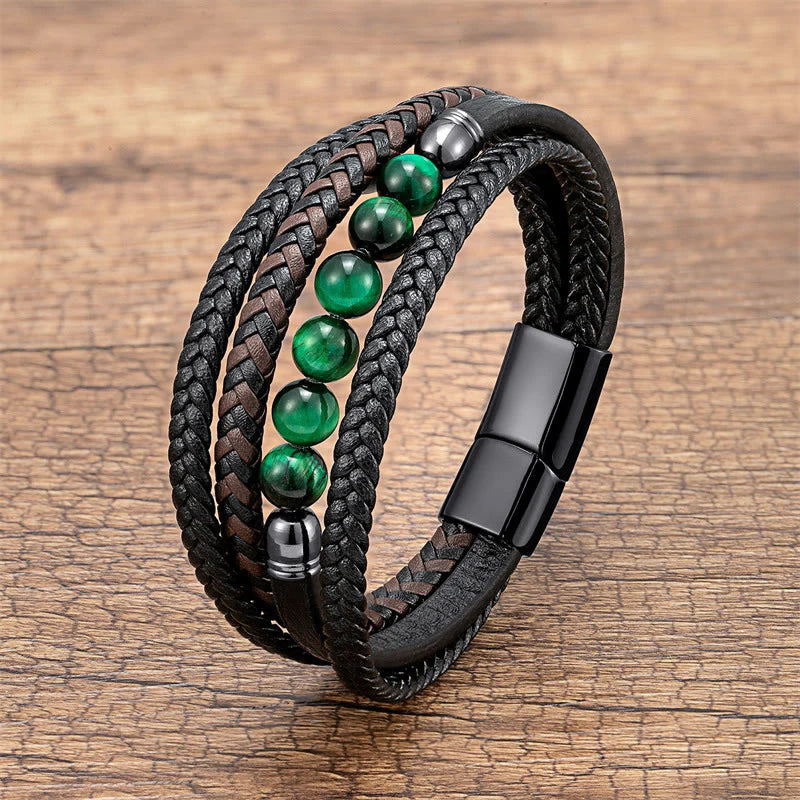 Buddha Stones Tiger Eye Lava Rock Black Onyx Lazurite Lapis Lazuli Hematite Bead Positive Leather Bracelet