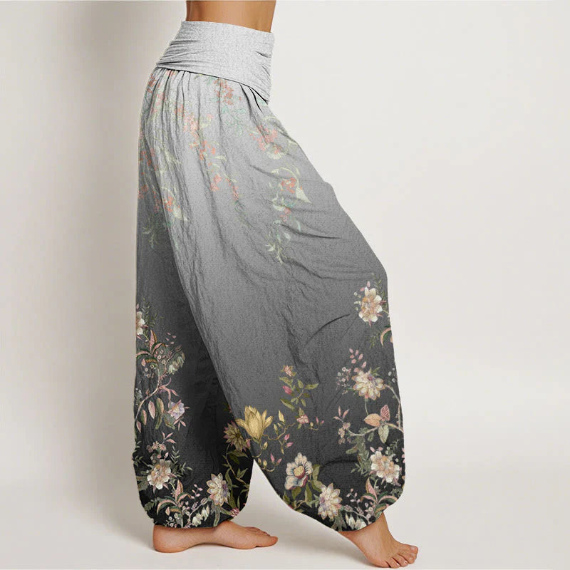 Buddha Stones Cotton Casual Gradient Delicate Floral Leaf Pattern Women's Elastic Waist Harem Pants