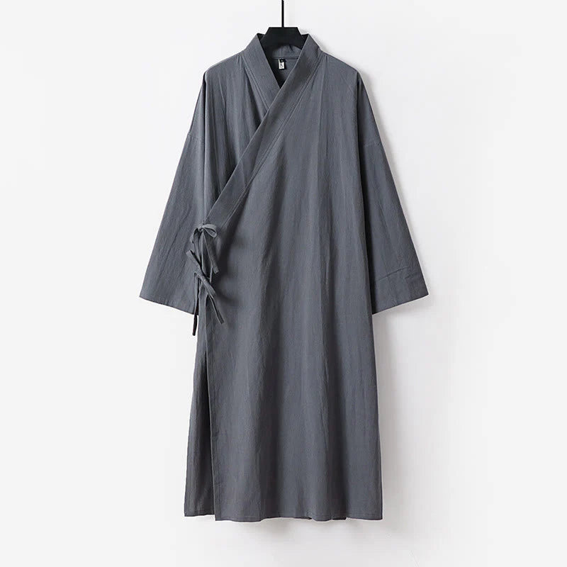 Buddha Stones 2Pcs Wudang Fall Solid Long Sleeve Men's Taoist Long Robe Sleeveless Vest Lace-up Kimono Ceremony Suit