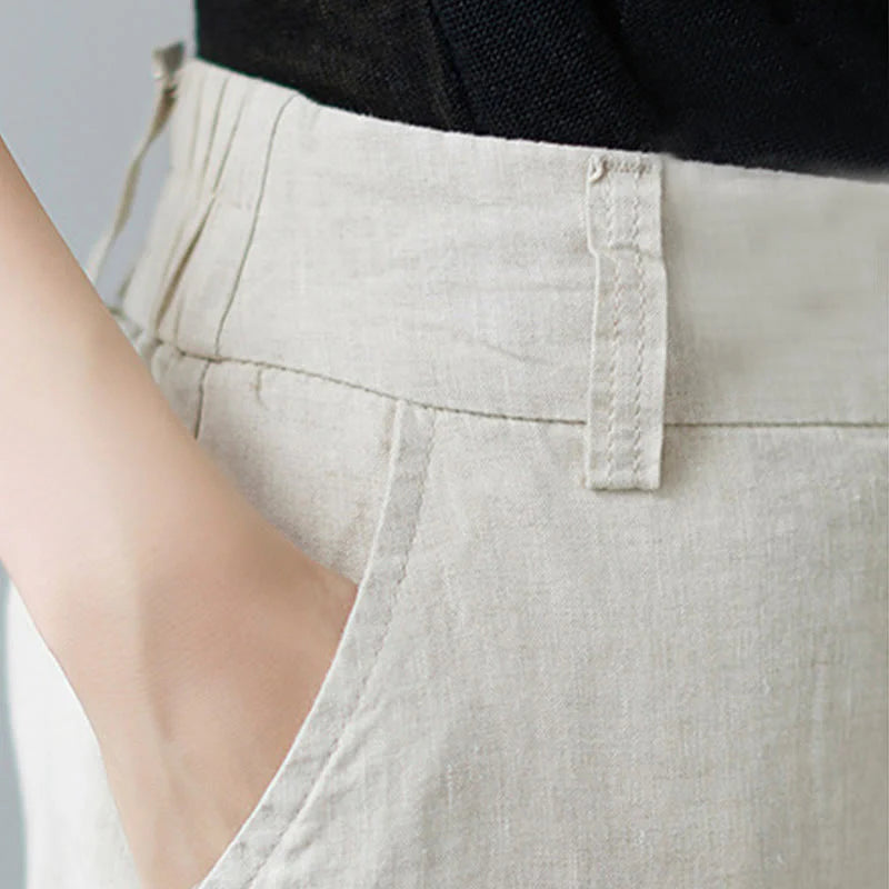 Buddha Stones Daily Solid Color Patchwork Simple Design Cotton Linen Women's Pants With Pockets
