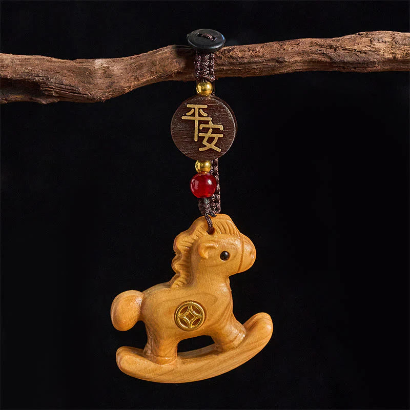Buddha Stones Year of the Horse Rainbow Eucalyptus Small Leaf Red Sandalwood Linden Wood Ebony Carved Positive Key Chain