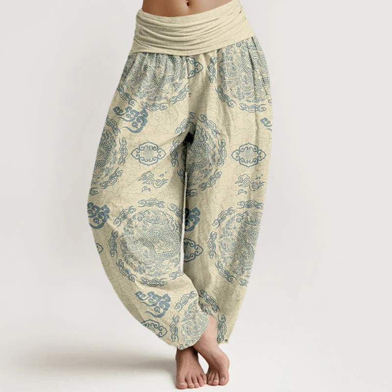 Buddha Stones Cotton Light Color Dragon Cloud Pattern Women's Elastic Waist Harem Pants