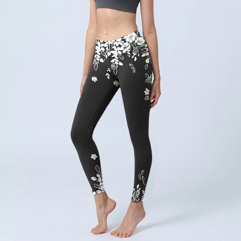 Buddha Stones Black White Contrast Flower Pattern Print Gym Leggings Women's Yoga Pants