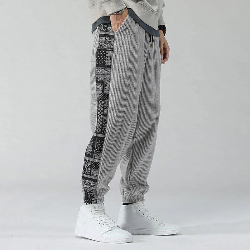 Buddha Stones Fall Solid Drawstring Side Paisley Pattern Straight Leg Ankle-length Corduroy Men's Pants With Pockets