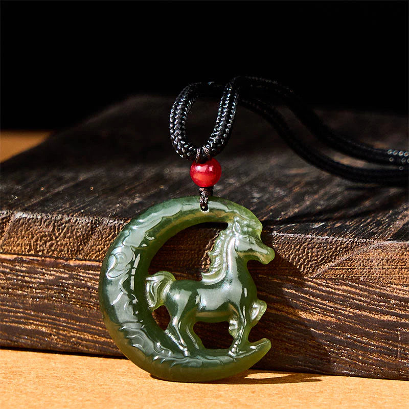 Buddha Stones Chinese Zodiac Year Of The Horse Charm Carved Jade Luck Prosperity Necklace Pendants